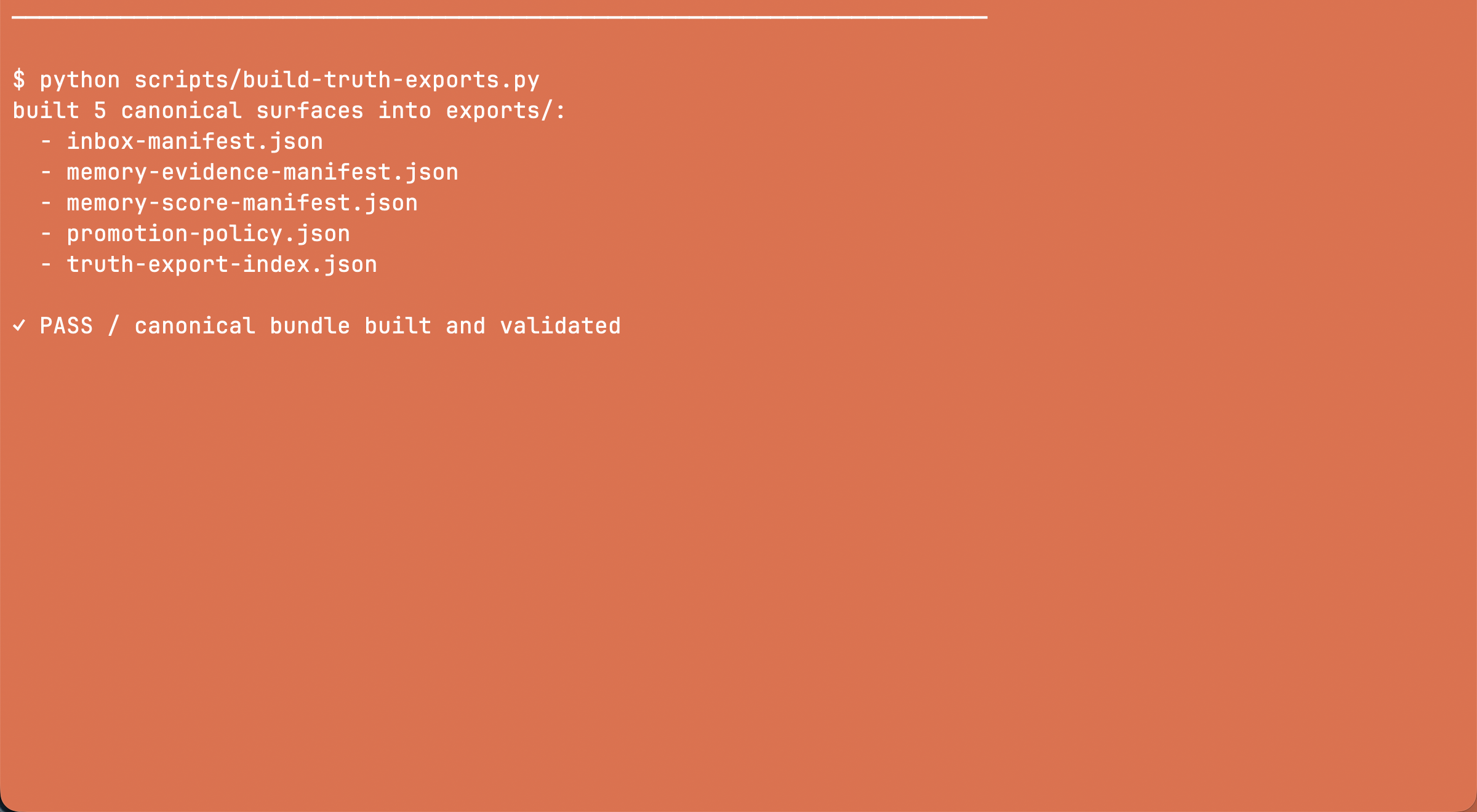 Terminal output showing the mqobsidian truth-export bundle building and validating